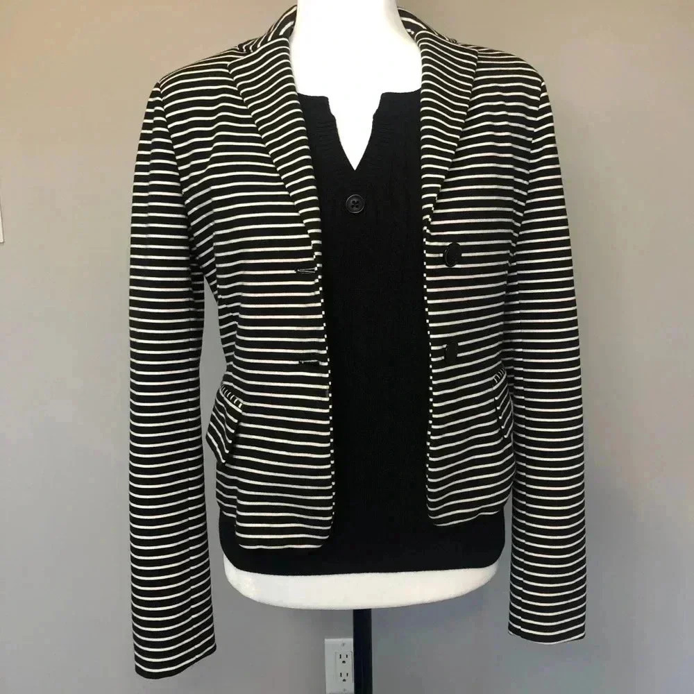 Part Two Black and White Striped Crop Blazer